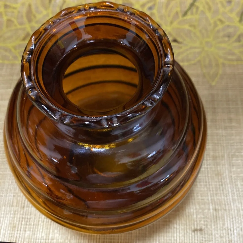 Vintage Amber Glass Ribbed Round Vase USA Vanity Jar 4.5